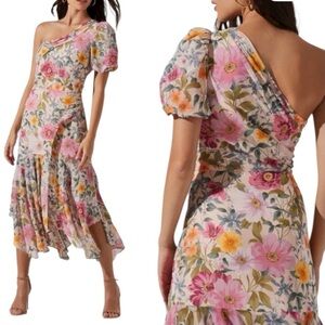 ASTR The Label Santorini One Shoulder Taupe Multi Floral Midi Dress Size Medium